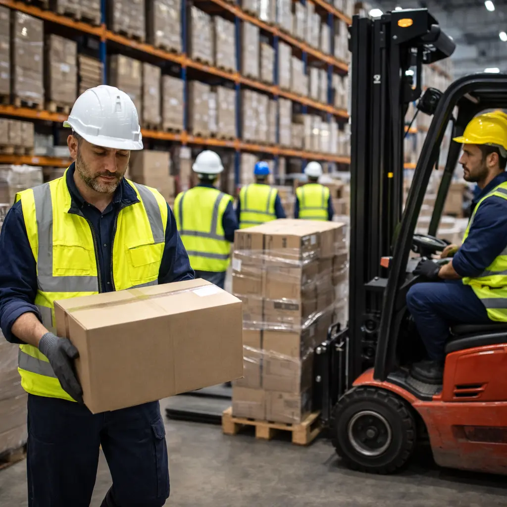 radnici u logistickom skladistu premjestaju robu