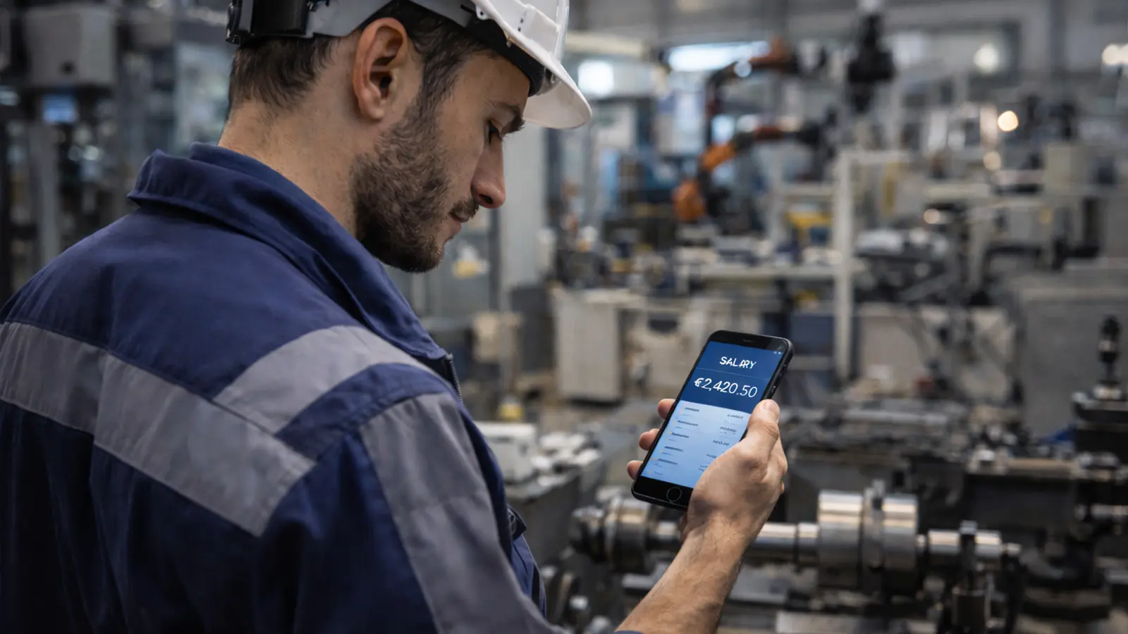 radnik u tvornici provjerava placu na telefonu